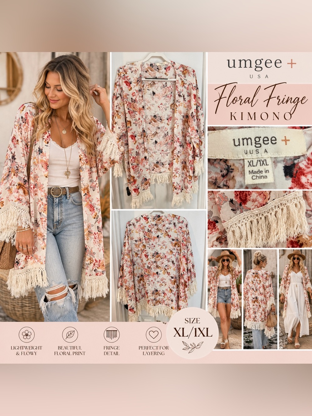 Umgee Plus Floral Fringe Kimono Cardigan XL/1XL Boho Boutique Duster